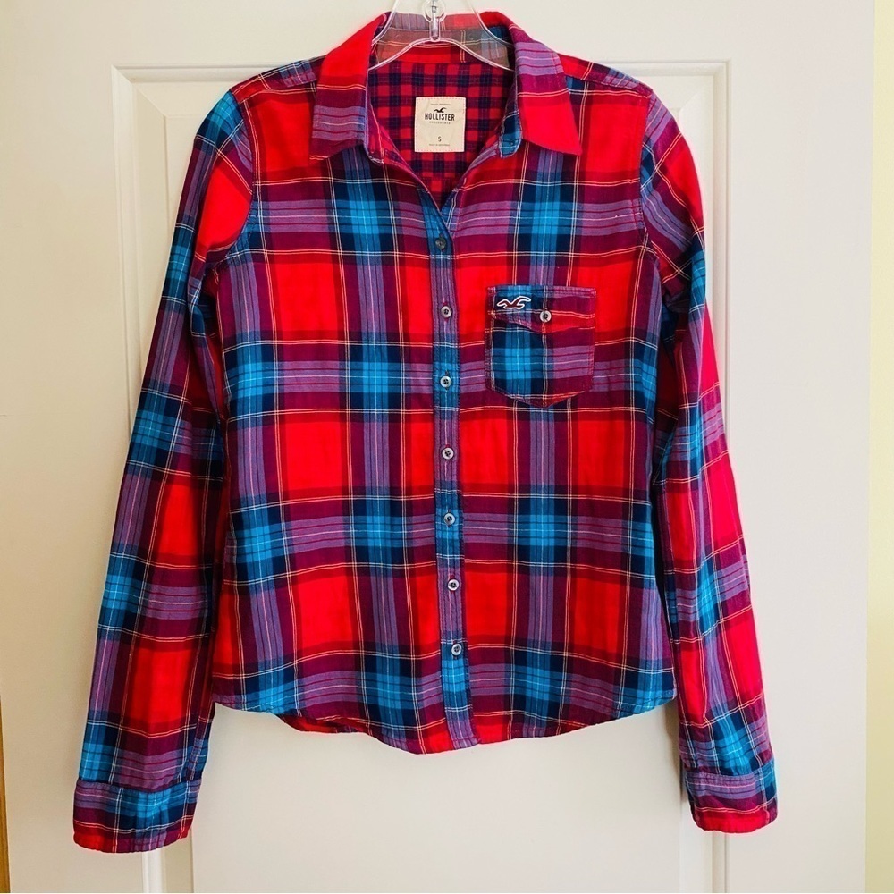 Hollister Plaid Tartan L/S Button Down Crop Shirt 2Ply Shirt Blue Red Size SMALL